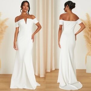 NWT Lulu’s Loveliest Aura White Off-the-Shoulder Mermaid Maxi Wedding Dress Chic